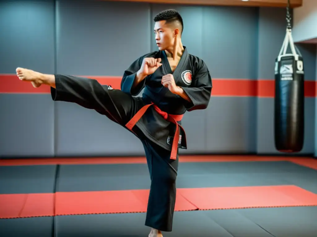 Un maestro de artes marciales demostrando patadas precisas y poderosas, con enfoque en postura, equilibrio y control muscular