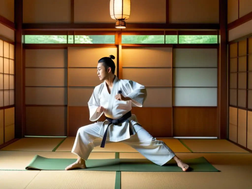 Un maestro de artes marciales ejecuta una perfecta kata en un dojo japonés tradicional, con un ambiente de serenidad y disciplina