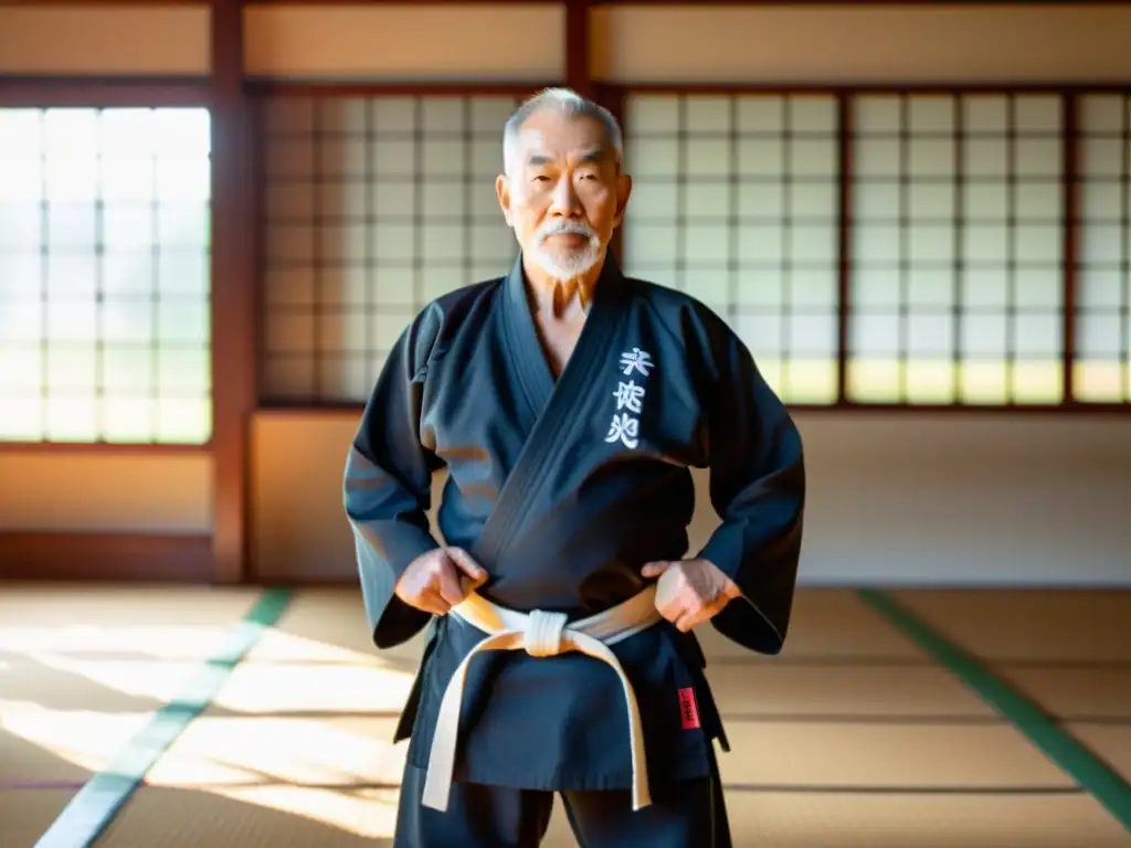 Un maestro de artes marciales para personas mayores demostrando técnicas precisas en un dojo sereno