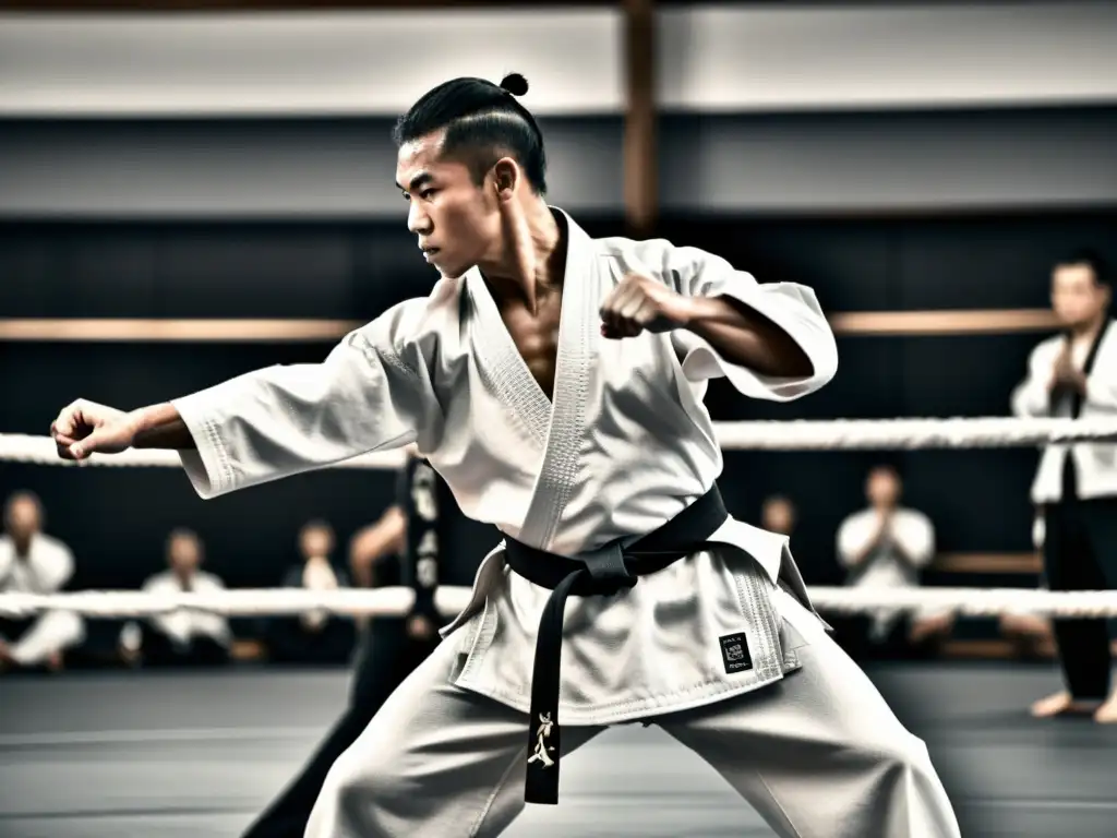 Maestro de artes marciales en plena acción, rodeado de estudiantes enfocados en un dojo