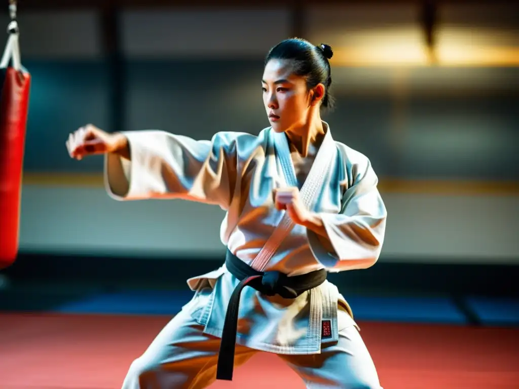 Un maestro de artes marciales en pleno estado de flujo, ejecutando movimientos precisos con energía y gracia en un dojo tradicional