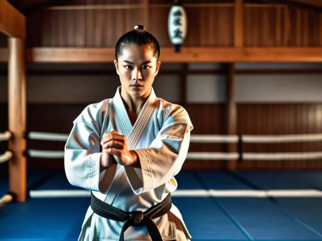 Un maestro de artes marciales demuestra su poderosa patada en un dojo tradicional, transmitiendo disciplina y habilidad