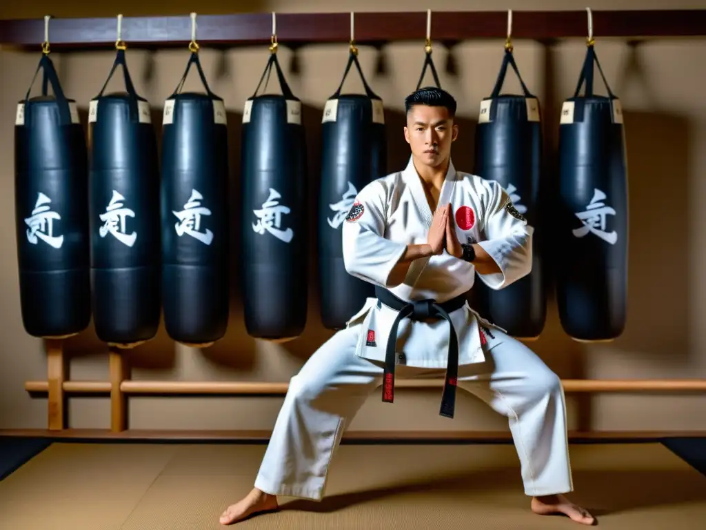 Un maestro de artes marciales demuestra un poderoso y preciso roundhouse kick en un dojo tradicional, rodeado de maniquíes de entrenamiento de madera