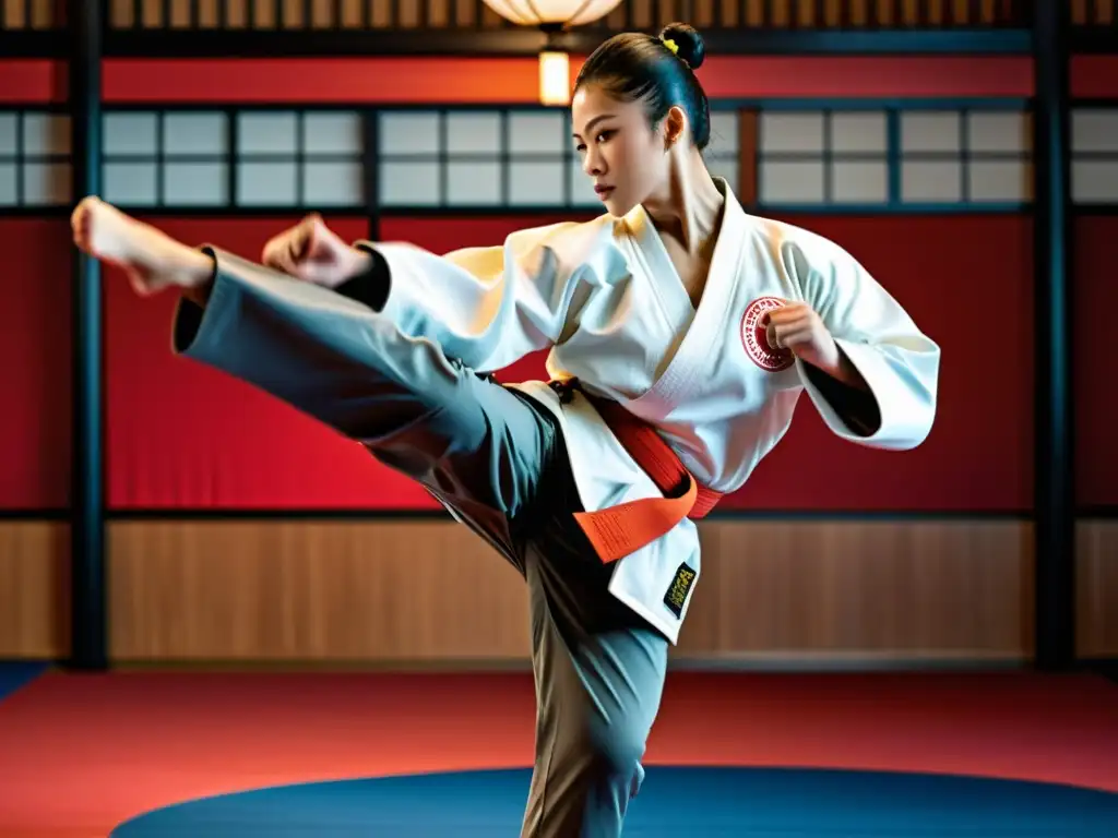 Un maestro de artes marciales ejecuta un potente y preciso golpe giratorio en el aire, mostrando concentración y disciplina en un dojo sereno