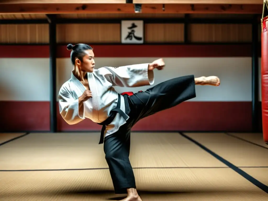 Un maestro de artes marciales ejecuta un potente y equilibrado roundhouse kick, mostrando determinación y enfoque