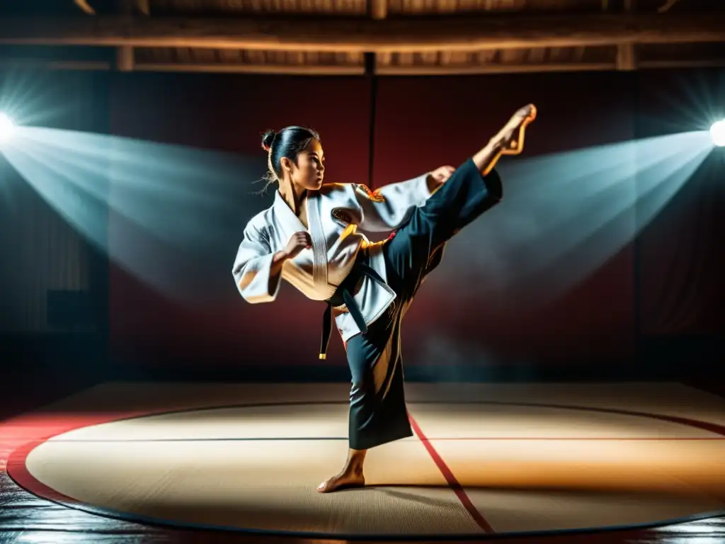 Un maestro de artes marciales ejecuta un potente y equilibrado golpe circular, destacando la intensidad del entrenamiento