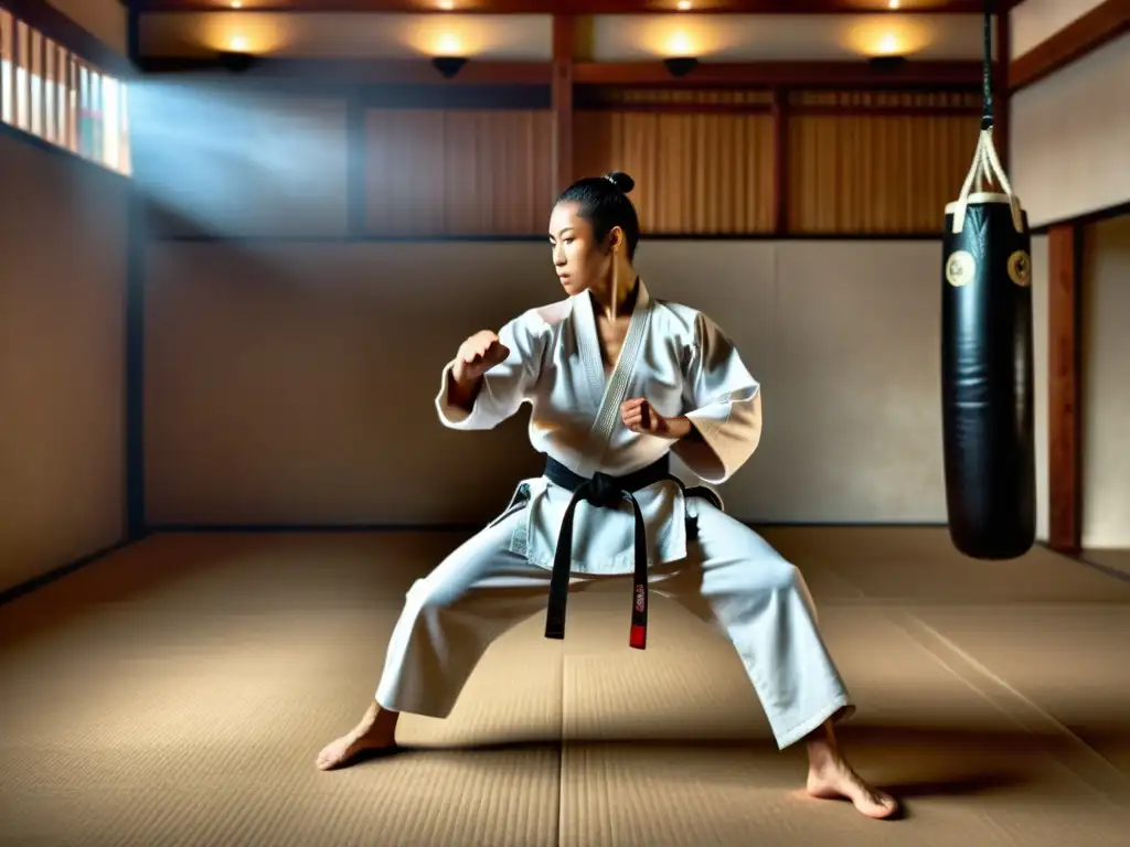 Un maestro de artes marciales despliega un potente y preciso golpe en un dojo tradicional, rodeado de una atmósfera serena y equipo tradicional