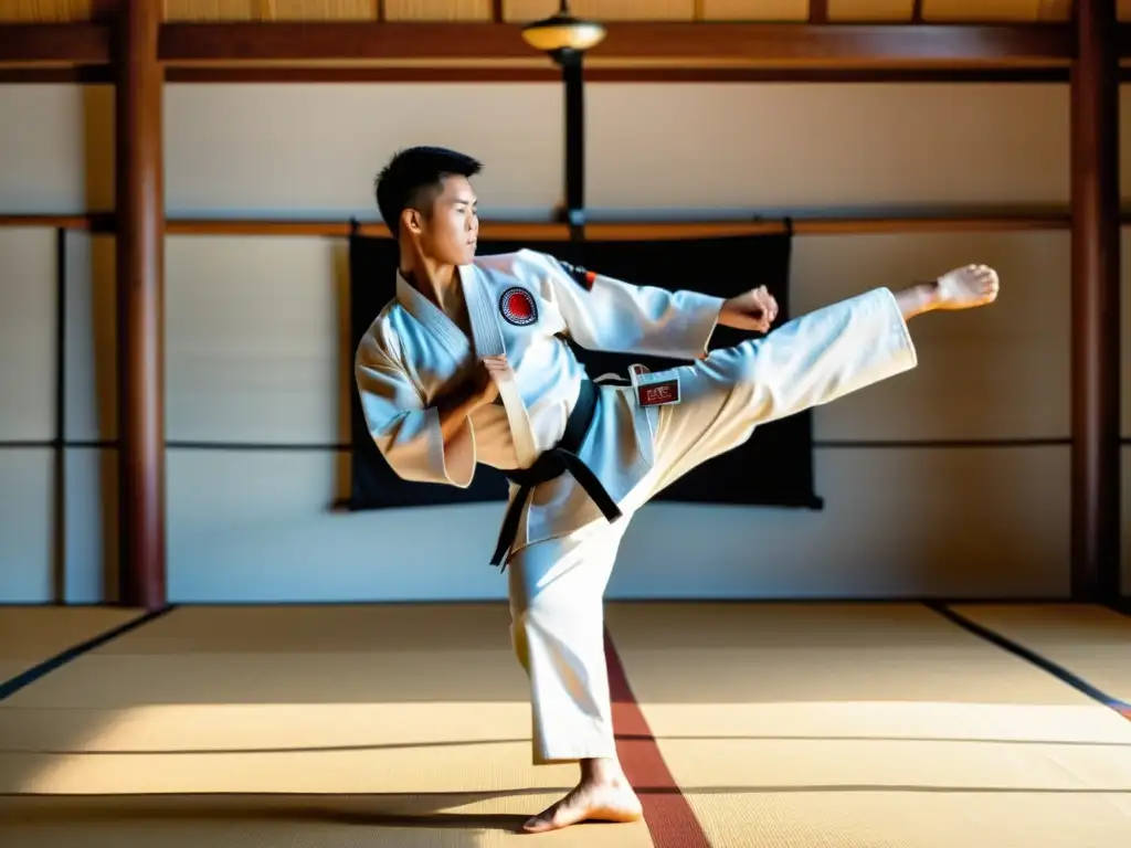 Un maestro de artes marciales con gi blanco tradicional ejecuta un potente roundhouse kick en un dojo soleado, transmitiendo intensidad y disciplina