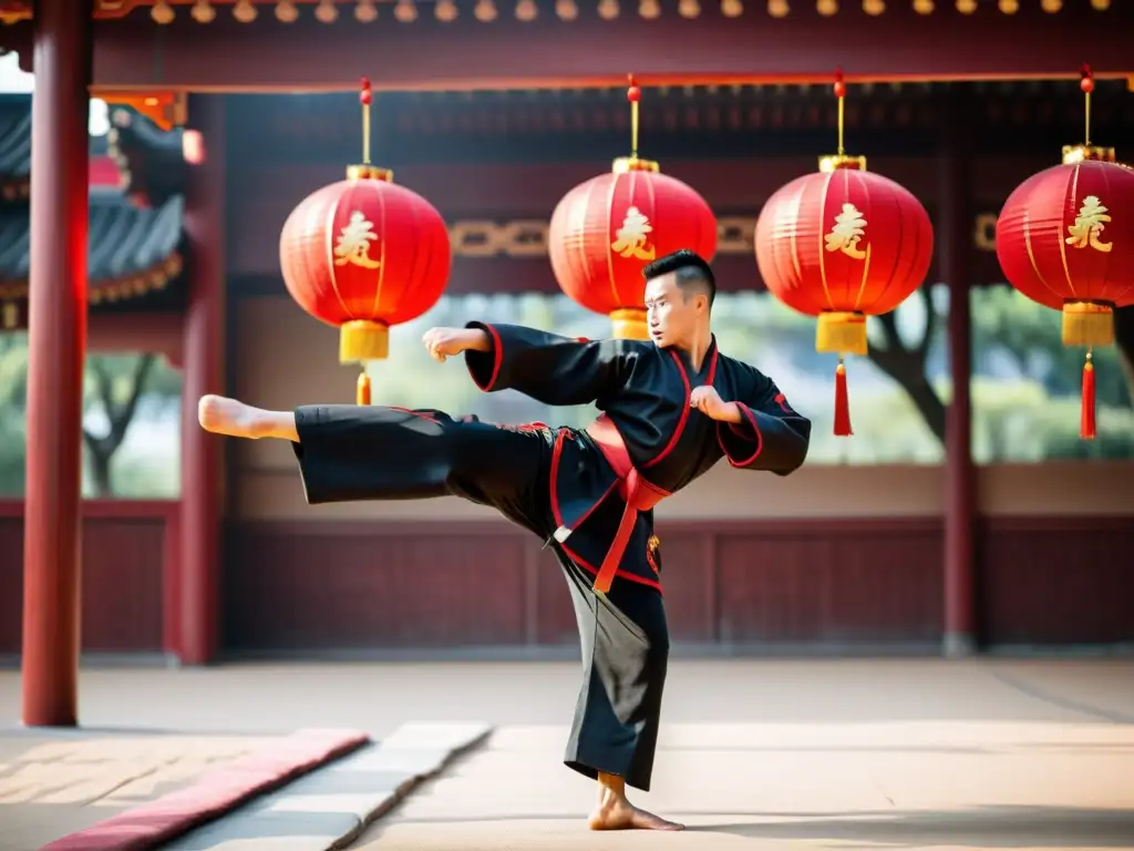 Un maestro de artes marciales ejecuta un potente patada en un escenario tradicional de Kung Fu, con concentración y precisión