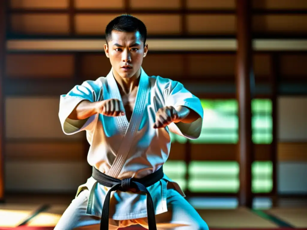 Un maestro de artes marciales ejecuta una precisa y poderosa kata en un dojo tradicional, destacando la concentración en sus ojos y la fluidez de sus movimientos