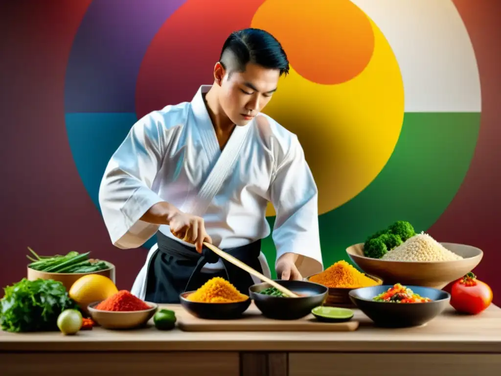 Un maestro de artes marciales prepara con precisión una comida balanceada y colorida, rodeado de ingredientes frescos y vibrantes