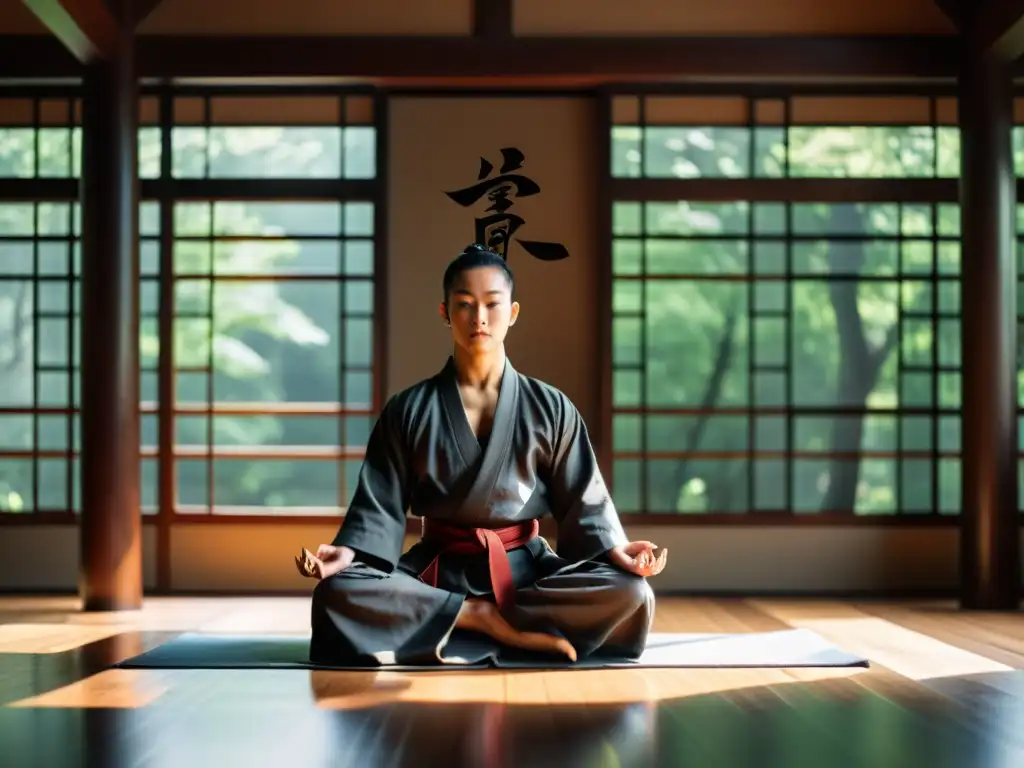 Un maestro de artes marciales en profunda meditación, rodeado de armas tradicionales, en una habitación serena iluminada por la luz natural