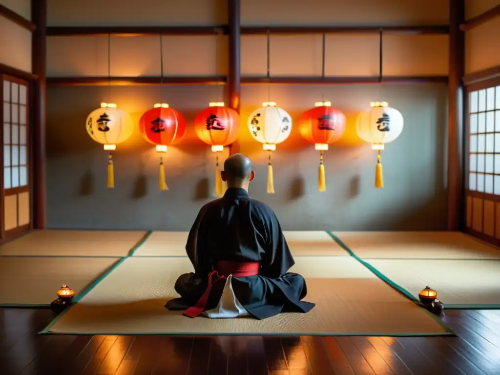 Un maestro de artes marciales en profunda meditación en un dojo sereno, iluminado por suaves linternas de papel