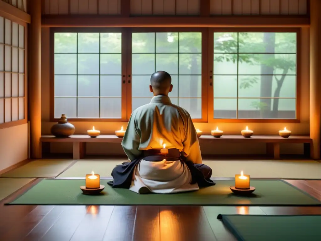 Un maestro de artes marciales en profunda meditación, rodeado de velas y el aroma de salvia