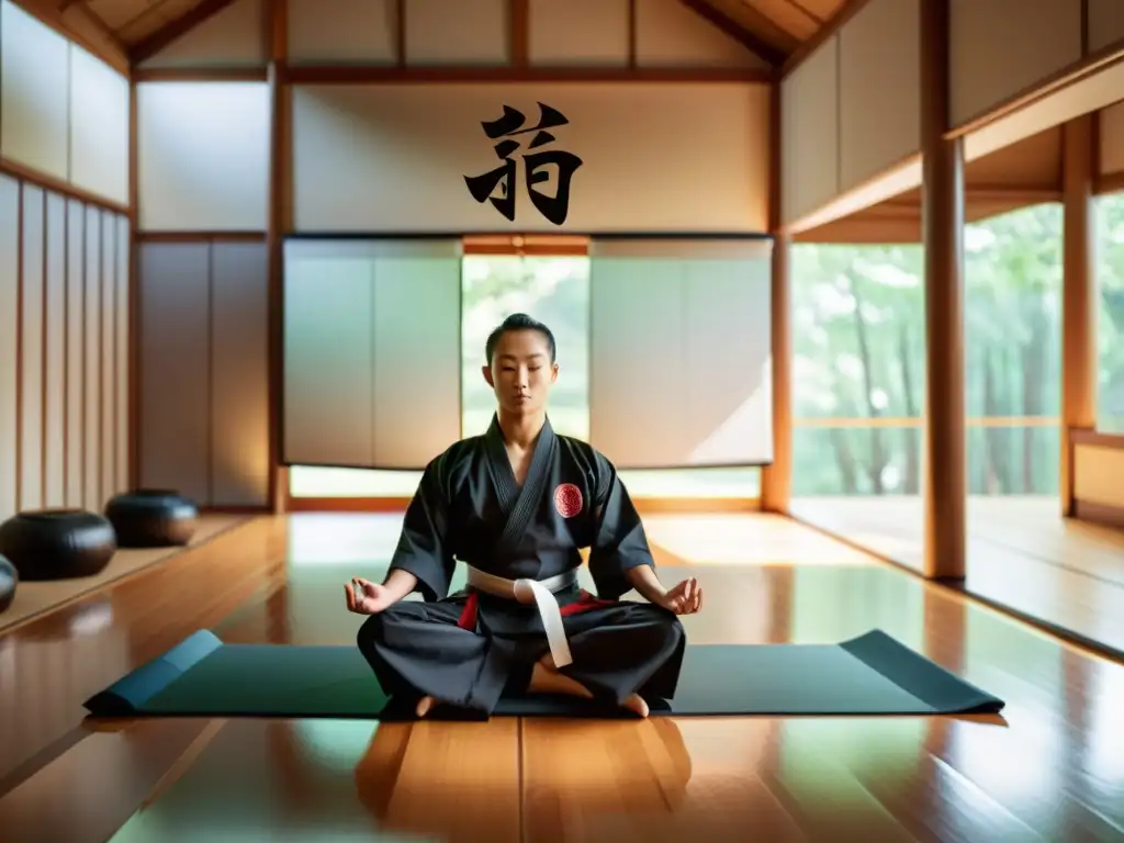 Un maestro de artes marciales en profunda meditación, rodeado de tecnología wearable para potenciar la concentración