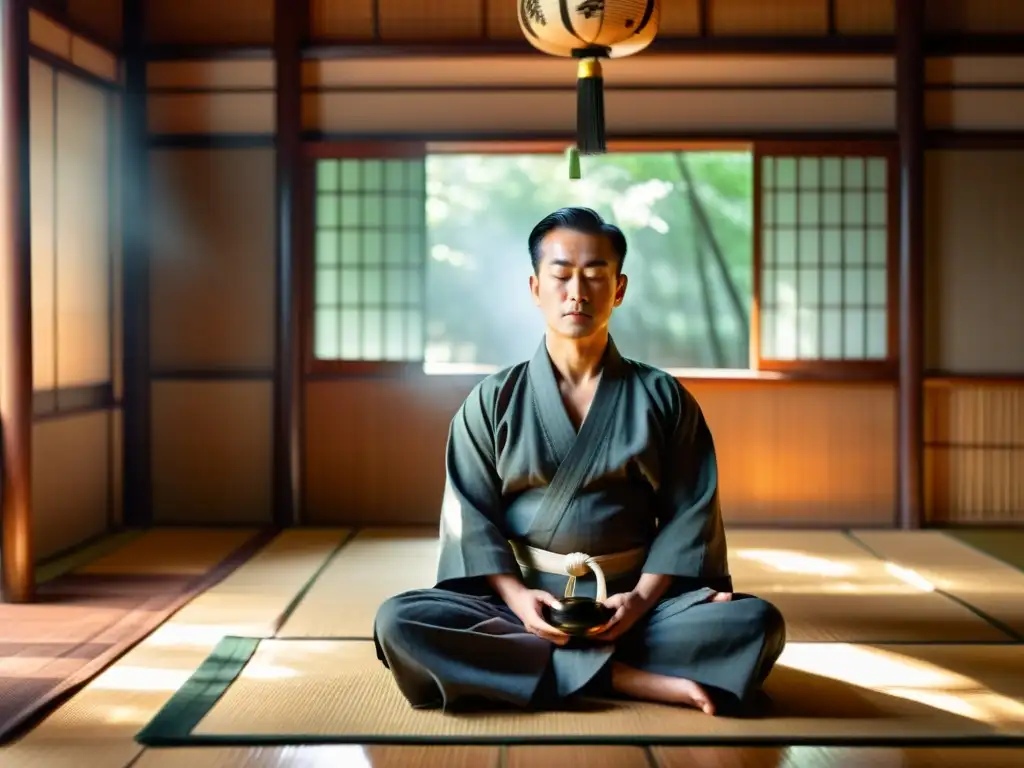 Un maestro de artes marciales en profunda meditación en un dojo tradicional, rodeado de una luz etérea