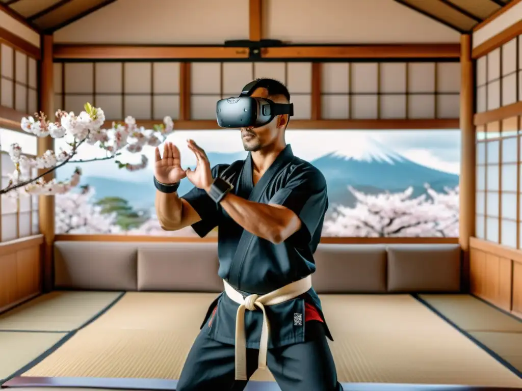 Un maestro de artes marciales usando realidad virtual en un dojo con armas tradicionales japonesas