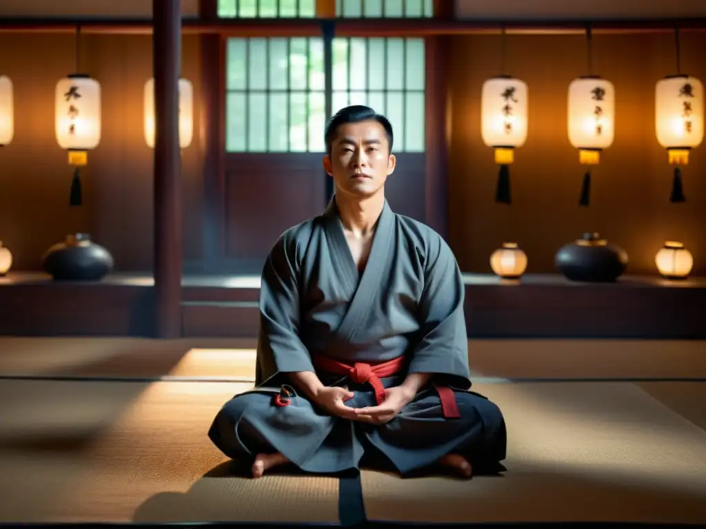 Un maestro de artes marciales en meditación, rodeado de tranquilidad, refleja el mindfulness en artes marciales