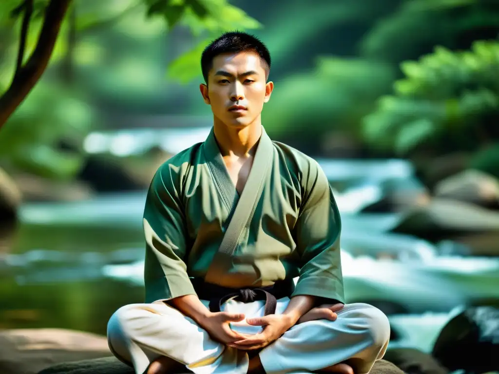 Un maestro de artes marciales en meditación, rodeado de naturaleza serena, reflejando sabiduría y fuerza interior