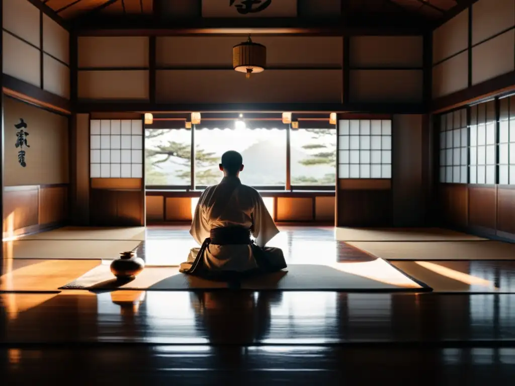 Maestro de artes marciales en meditación, rodeado de armas y pergaminos japoneses en un dojo al amanecer