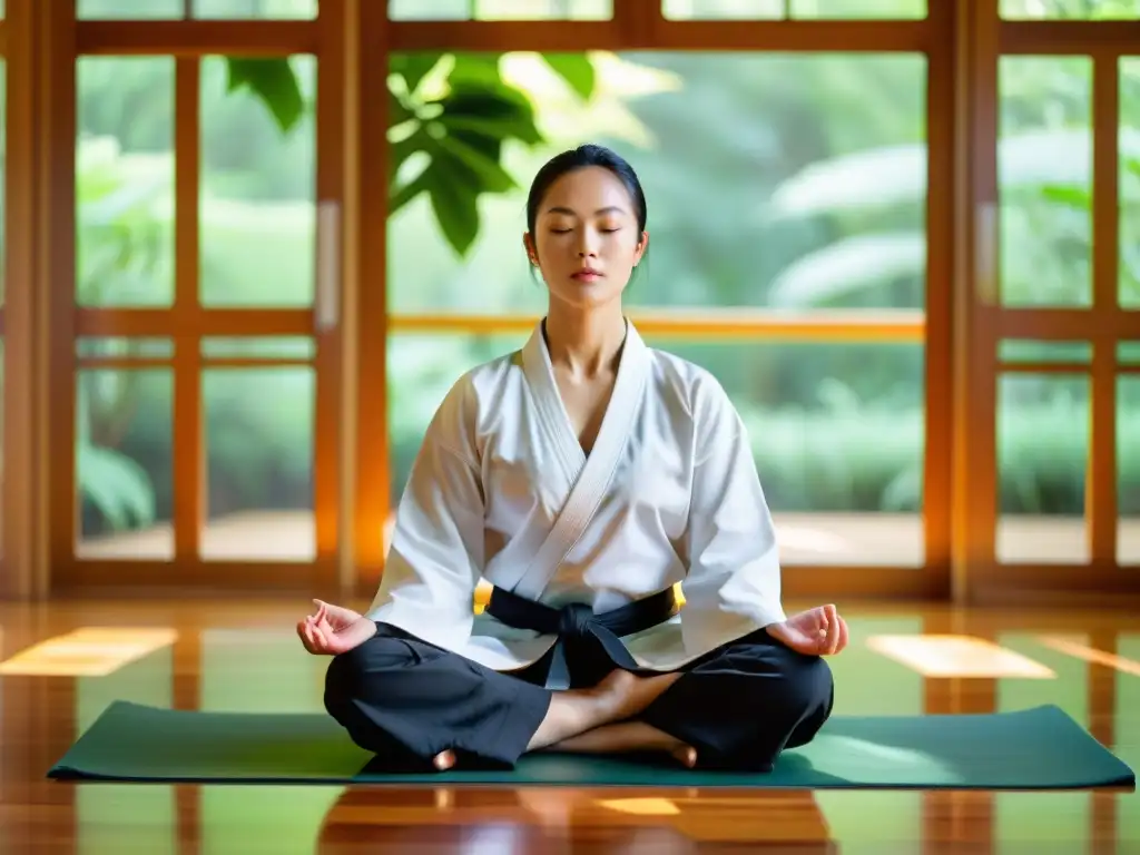 Maestro de artes marciales en meditación, rodeado de naturaleza, transmite serenidad y equilibrio