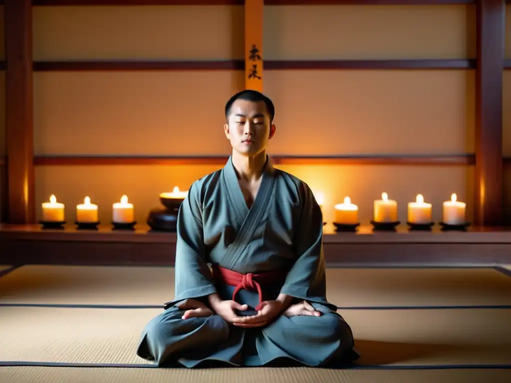 Un maestro de artes marciales en meditación, rodeado de velas y paz, reflejando la conexión entre meditación y autodefensa