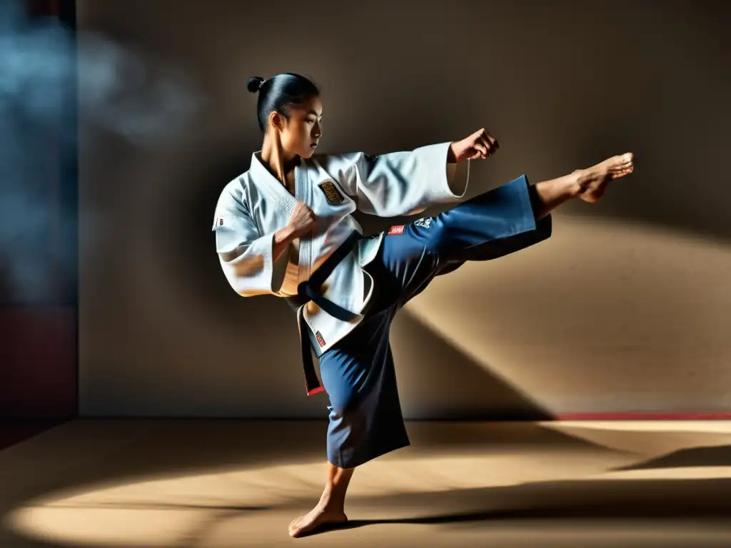 Maestro de artes marciales ejecutando una patada perfecta Un maestro de artes marciales ejecuta un roundhouse kick con precisión y determinación en un dojo tradicional