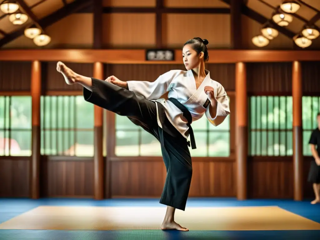 Un maestro de artes marciales ejecuta un roundhouse kick con eficacia en un dojo tradicional, demostrando fuerza y destreza