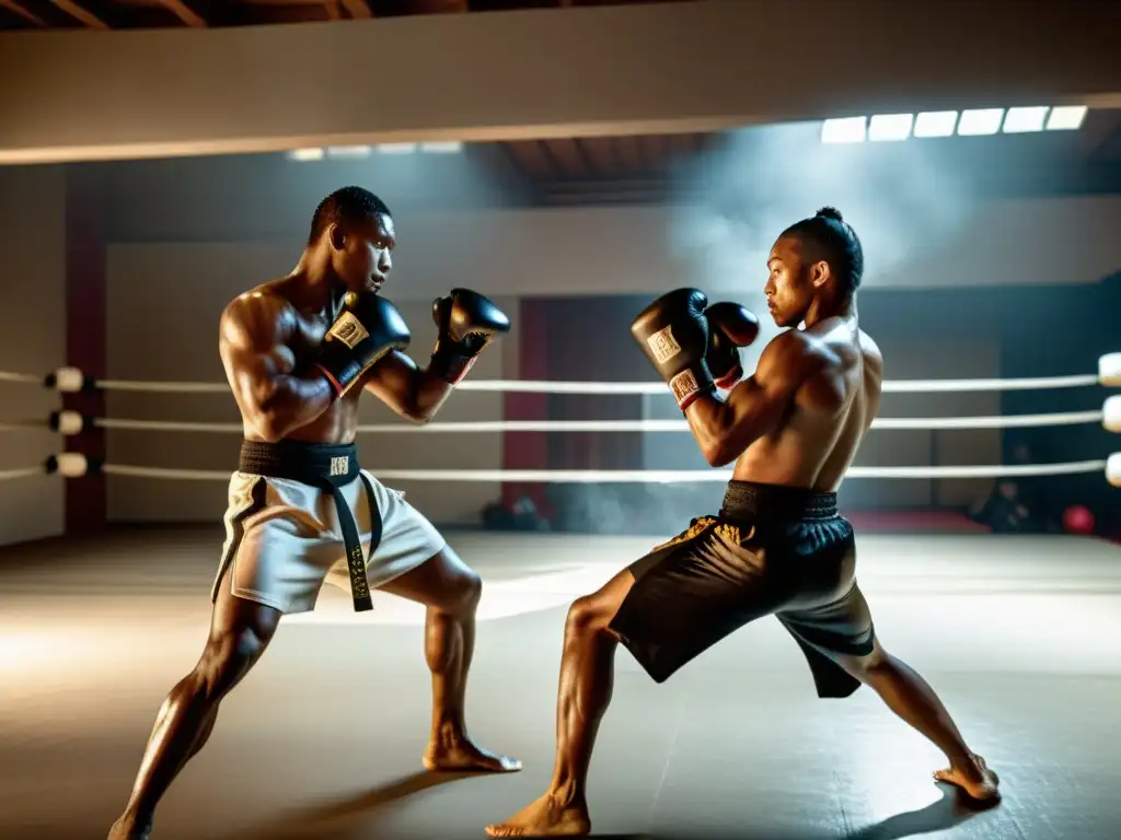 Maestro de artes marciales en intensa pelea Un maestro de artes marciales en un salón de entrenamiento, ejecutando movimientos precisos en una intensa sesión de práctica