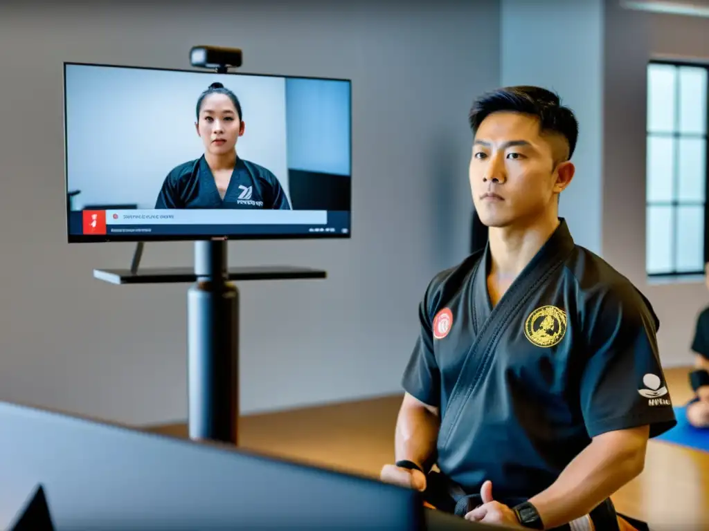 Maestro de artes marciales lidera seminario online con alumnos participando a través de videoconferencia