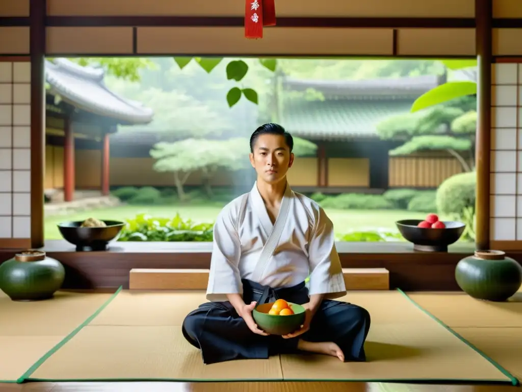 Un maestro de artes marciales sereno medita frente a una comida nutritiva en un dojo tradicional rodeado de naturaleza