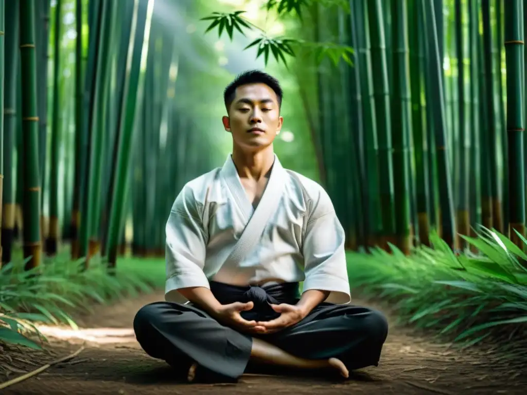 Maestro de artes marciales meditando en un sereno bosque de bambú, simbolizando la fortaleza mental en artes marciales