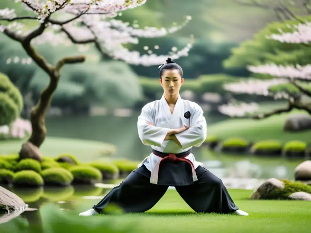 Maestro de artes marciales en jardín sereno, equilibrio yin y yang, armonía dinámica