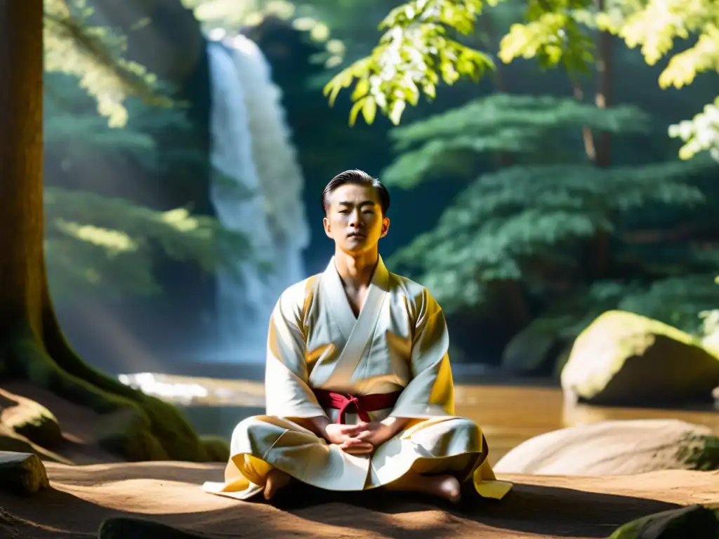 Un maestro de artes marciales sereno medita en un claro del bosque, conectando con la importancia de la meditación en artes marciales