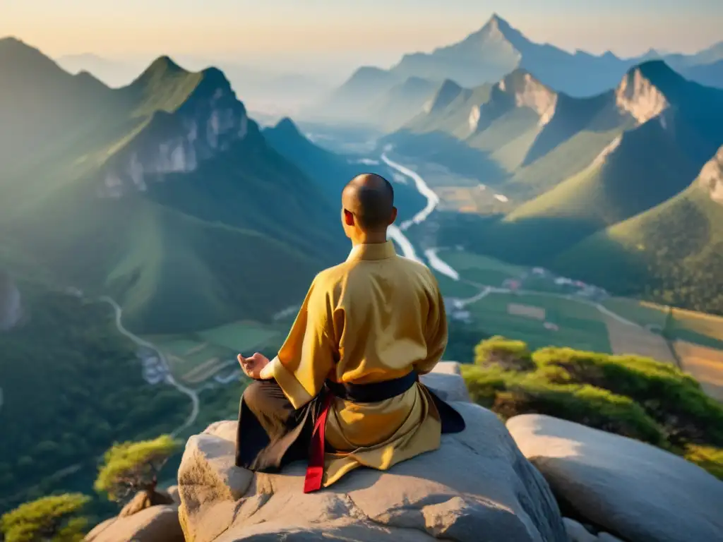 Un maestro de artes marciales sereno practica técnicas de Eckhart Tolle en un acantilado, con vistas a un paisaje montañoso tranquilo