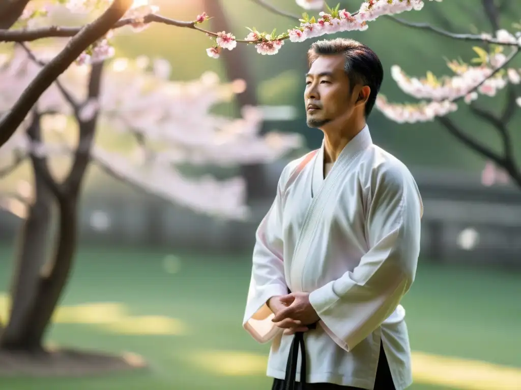 Maestro de tai chi en jardín de paz Un maestro de artes marciales sereno practica tai chi en un jardín tranquilo con árboles de cerezo en flor
