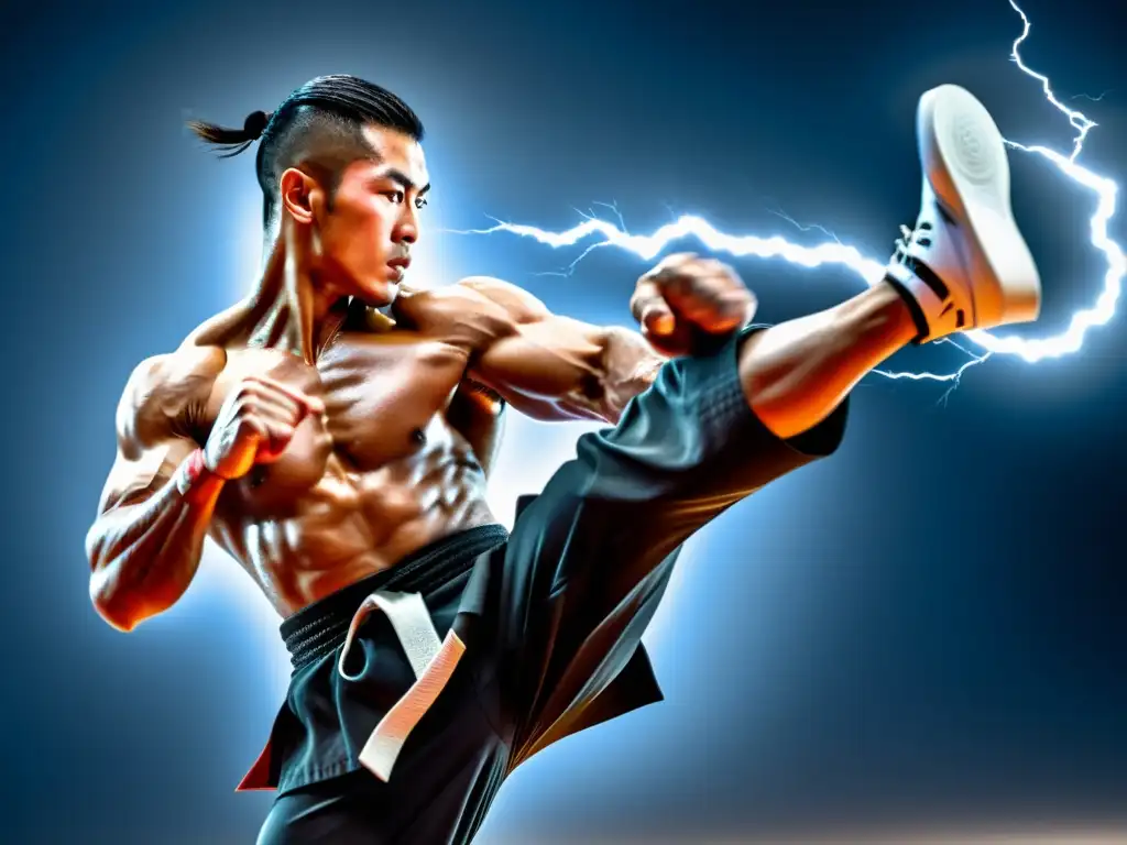 Maestro de artes marciales: Poder en movimiento Un maestro de artes marciales realiza una serie de movimientos rápidos y precisos, destacando la agilidad y velocidad requeridas en los métodos de entrenamiento modernos de artes marciales