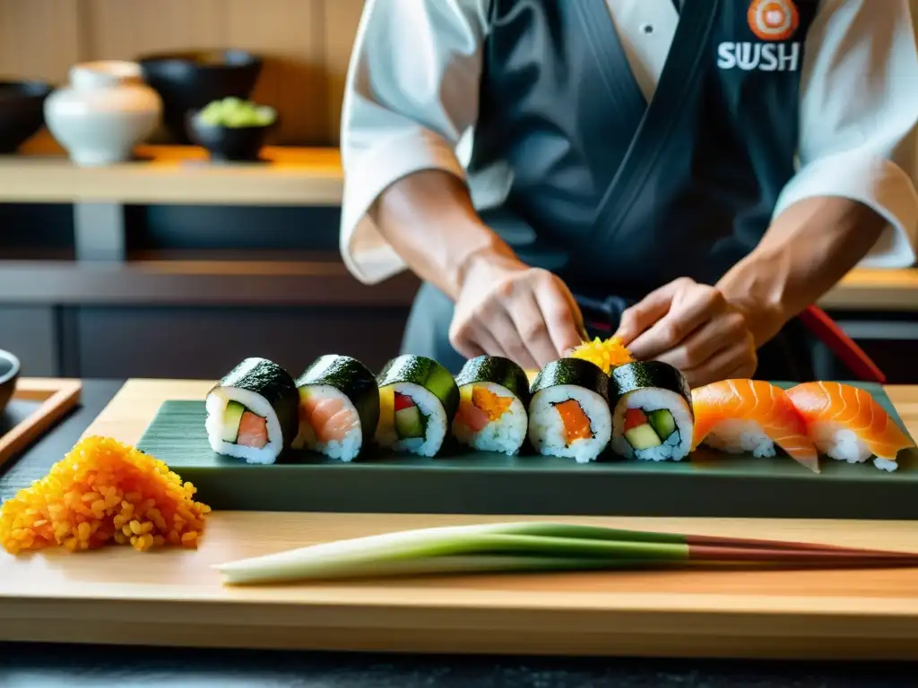 Un maestro de artes marciales prepara sushi con precisión y enfoque, mostrando la disciplina y destreza requerida