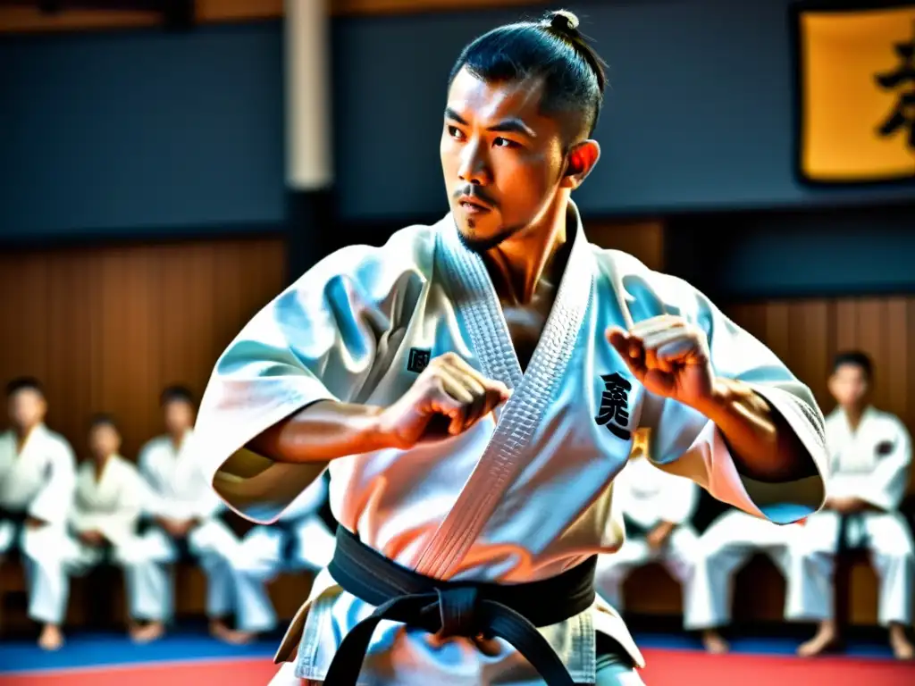 Un maestro de artes marciales tácticas, con determinación, en un dojo lleno de estudiantes