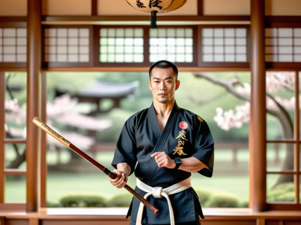 Maestro de artes marciales con un Bo Staff bellamente tallado en un dojo tranquilo rodeado de árboles de cerezo en flor