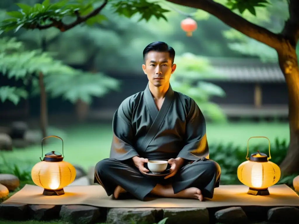 Un maestro de artes marciales disfruta de una taza de té en un jardín tranquilo, irradiando armonía y fuerza interna