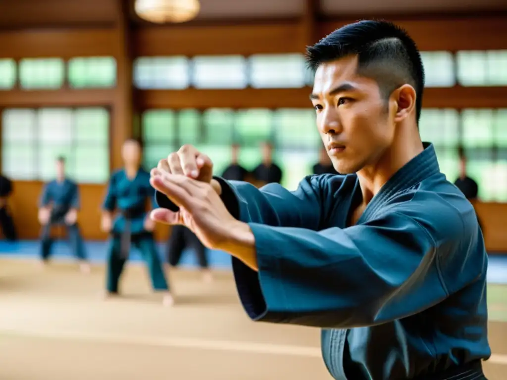 Maestro de artes marciales enseñando técnica en un dojo tradicional, destacando la concentración de los estudiantes