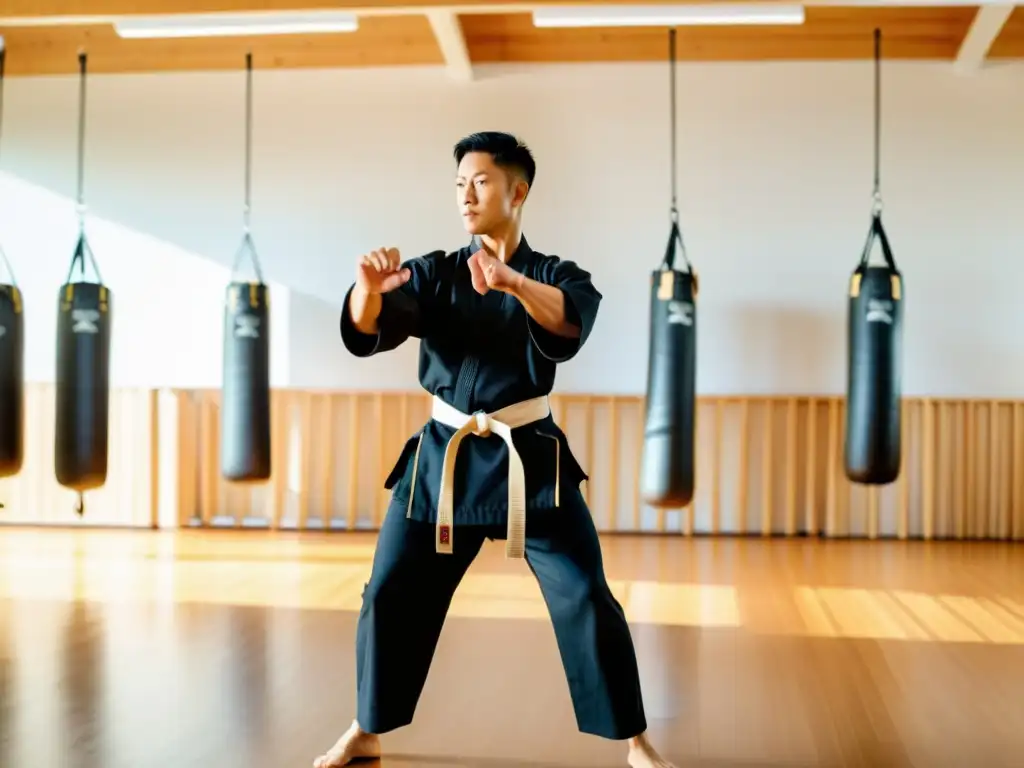 Un maestro de artes marciales muestra su técnica con maestría en un estudio bien iluminado