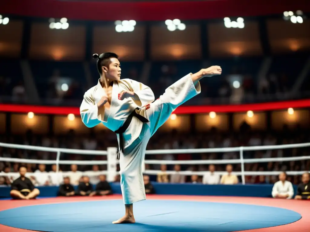 Un maestro de artes marciales demostrando una técnica precisa en un gran arena llena de espectadores