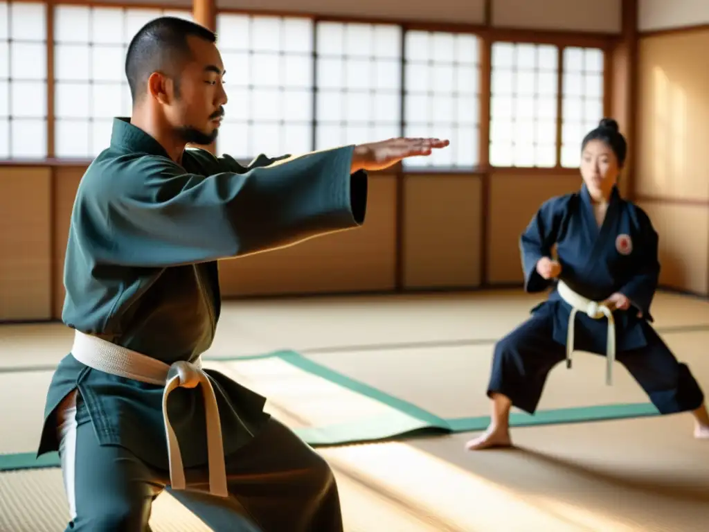 Un maestro de artes marciales muestra una técnica en un dojo tradicional al atardecer, con estudiantes enfocados