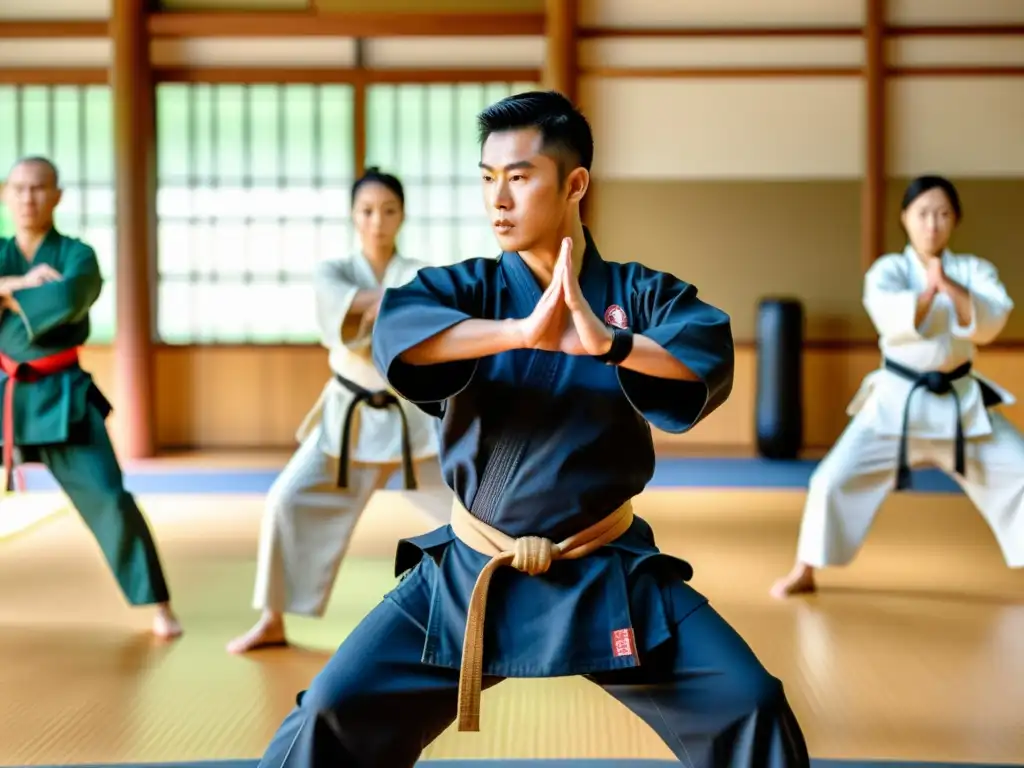 Un maestro de artes marciales demuestra una técnica compleja en un dojo tradicional, con estudiantes enfocados