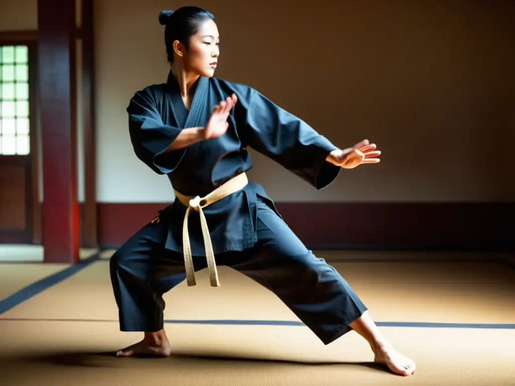 Un maestro de artes marciales muestra una técnica de kung fu con precisión en un dojo tradicional