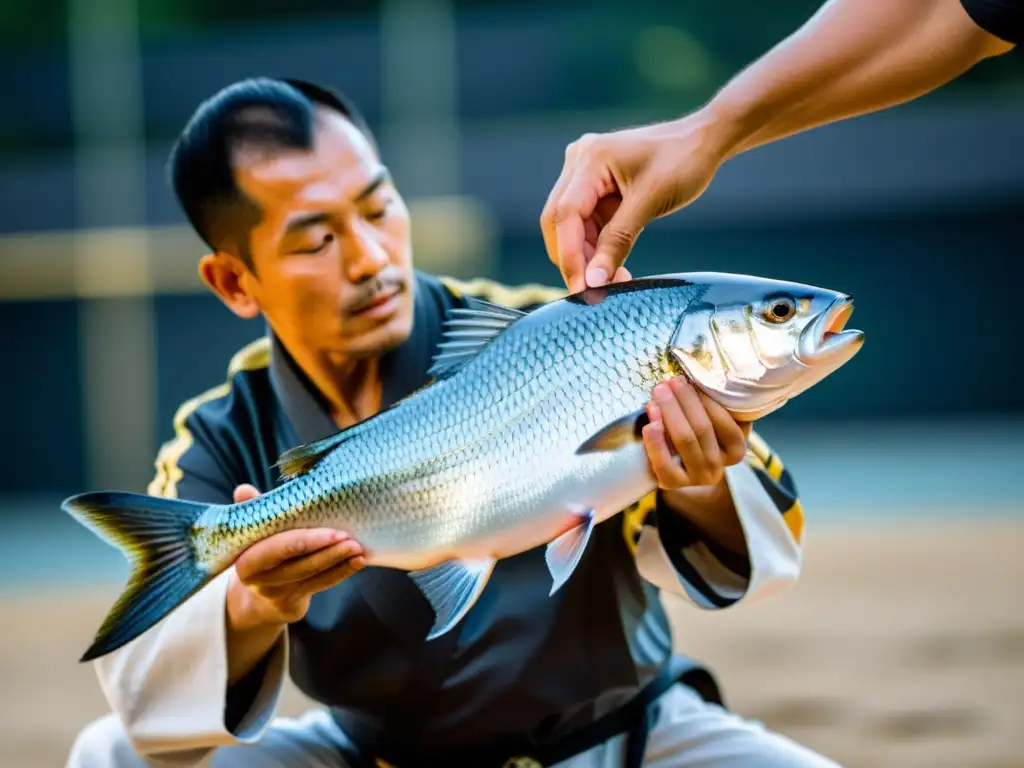 Maestro de artes marciales demostrando técnica con un pez fresco en mano, destacando beneficios Omega3 en entrenamiento de artes marciales