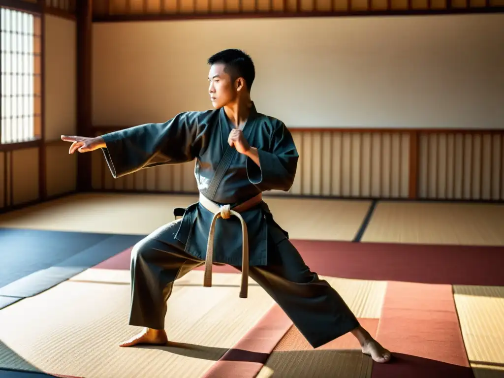 Un maestro de artes marciales muestra una técnica precisa en un dojo tradicional, con estudiantes enfocados observando y aprendiendo en segundo plano