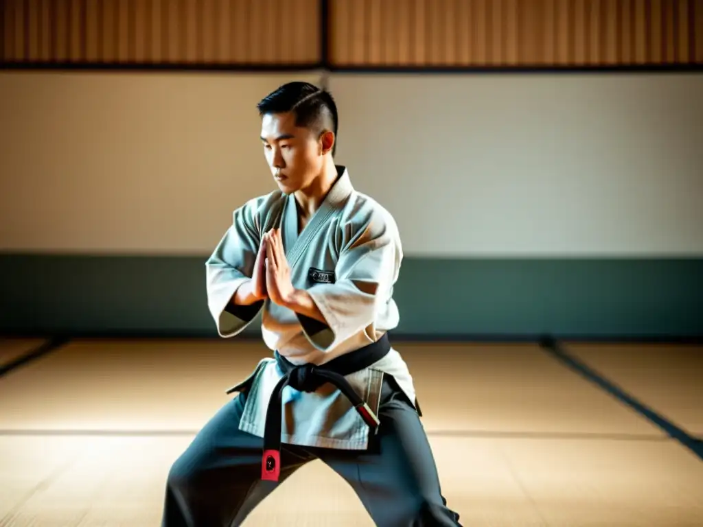 Un maestro de artes marciales demostrando una técnica en un dojo tradicional, evocando la disciplina y precisión de la formación en artes marciales